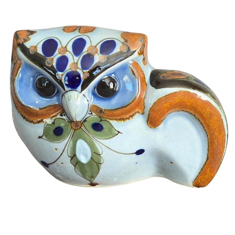 Mexican Tonala Pottery Owl Figurine Hand Painted Folk Art Stoneware Blue 
5"